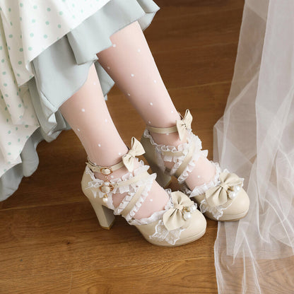 Women Lolita Lace Pearls Butterfly Knot Chunky Heel Platform Sandals