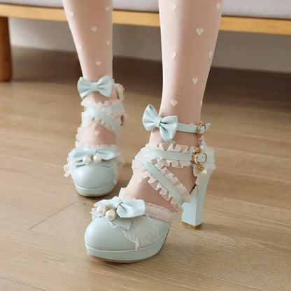 Women Lolita Lace Pearls Butterfly Knot Chunky Heel Platform Sandals