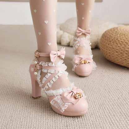 Women Lolita Lace Butterfly Knot Pearl Chunky Heel PPlatform Sandals