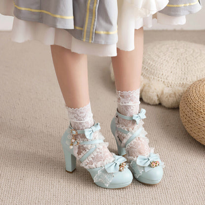 Women Lolita Lace Butterfly Knot Pearl Chunky Heel PPlatform Sandals