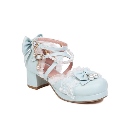 Women Lolita Lace Butterfly Knot Pearls Beading Chunky Heel Platform Sandals