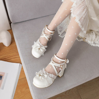 Women Lolita Lace Butterfly Knot Pearls Beading Chunky Heel Platform Sandals