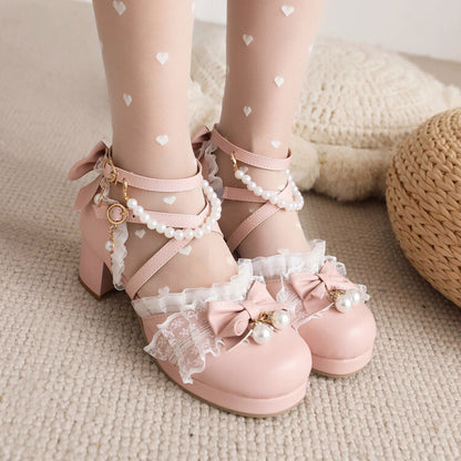 Women Lolita Lace Butterfly Knot Pearls Beading Chunky Heel Platform Sandals