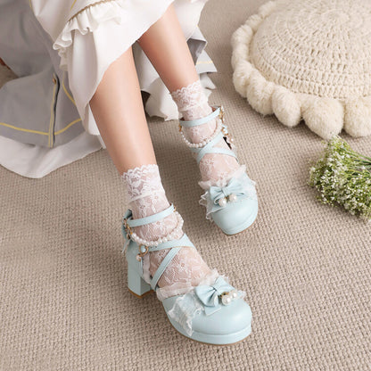 Women Lolita Lace Butterfly Knot Pearls Beading Chunky Heel Platform Sandals