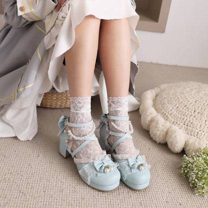 Women Lolita Lace Butterfly Knot Pearls Beading Chunky Heel Platform Sandals