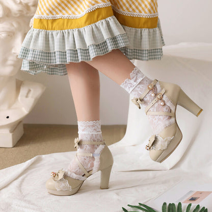 Women Lolita Ankle Strap Lace Butterfly Knot Chunky Heel Platform Sandals