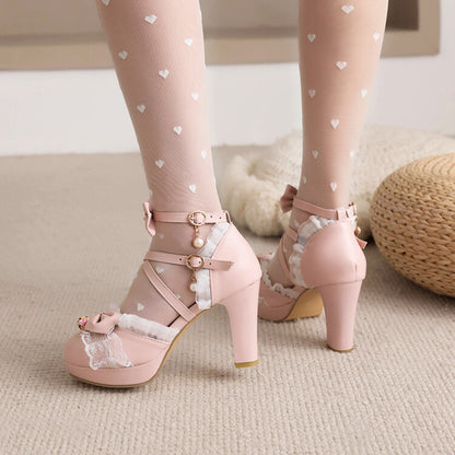 Women Lolita Ankle Strap Lace Butterfly Knot Chunky Heel Platform Sandals