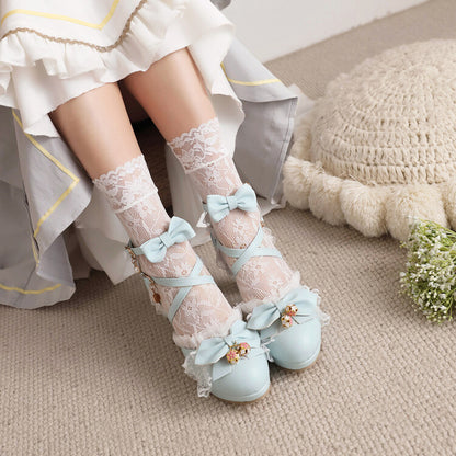 Women Lolita Ankle Strap Lace Butterfly Knot Chunky Heel Platform Sandals