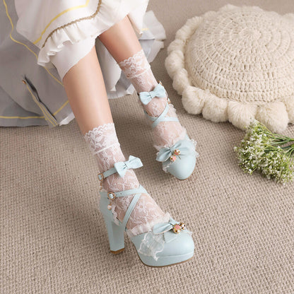 Women Lolita Ankle Strap Lace Butterfly Knot Chunky Heel Platform Sandals