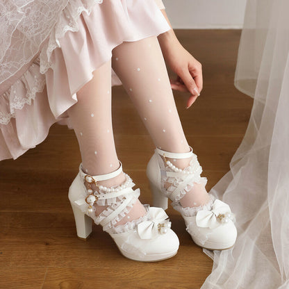 Women Lolita Lace Strappy Butterfly Knot Pearls Chunky Heel Platform Sandals