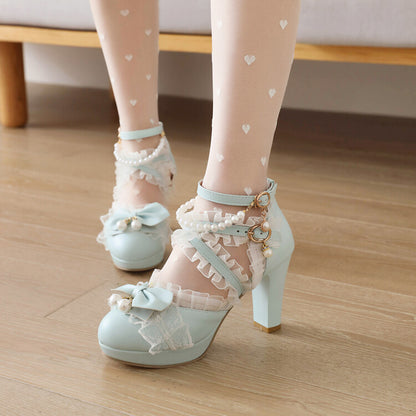 Women Lolita Lace Strappy Butterfly Knot Pearls Chunky Heel Platform Sandals