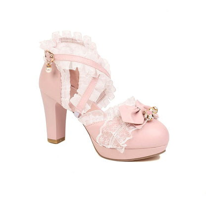 Women Lolita Round Toe Lace Butterfly Knot Chunky Heel Platform Sandals