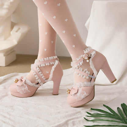 Women Lolita Round Toe Lace Butterfly Knot Chunky Heel Platform Sandals