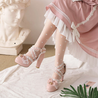 Women Lolita Round Toe Lace Butterfly Knot Chunky Heel Platform Sandals