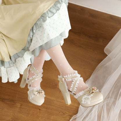 Women Lolita Round Toe Lace Butterfly Knot Chunky Heel Platform Sandals