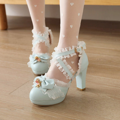 Women Lolita Round Toe Lace Butterfly Knot Chunky Heel Platform Sandals