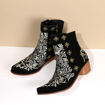 Women Flock Pointed Toe Rivets Embroidery Puppy Heel Cowboy Short Boots