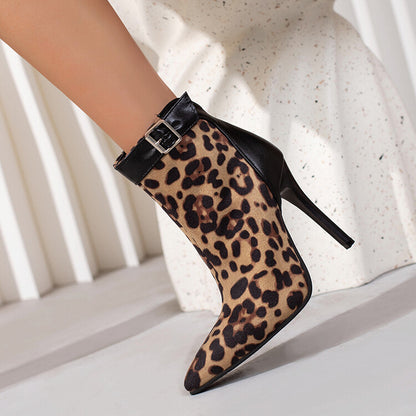 Women Leopard Print Pointed Toe Buckle Stiletto Heel Short Boots