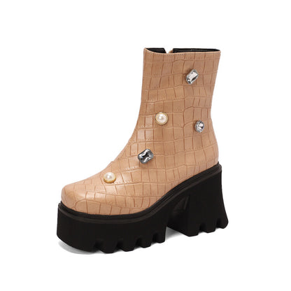 Women Crocodile Pattern Pearls Rhinestone Block Heel Platform Short Boots