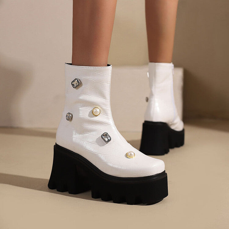 Women Crocodile Pattern Pearls Rhinestone Block Heel Platform Short Boots