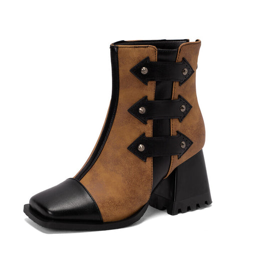 Women Snake Printed Patchwork Block Heel Short Boots