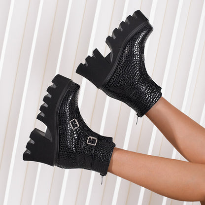 Women Embossed Leather Buckle Straps Block Heel Platform Short Boots