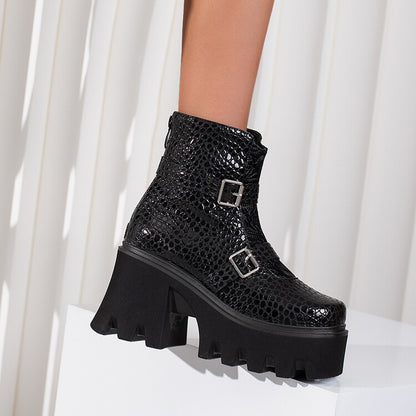 Women Embossed Leather Buckle Straps Block Heel Platform Short Boots