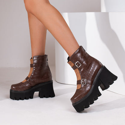 Women Embossed Leather Buckle Straps Block Heel Platform Short Boots