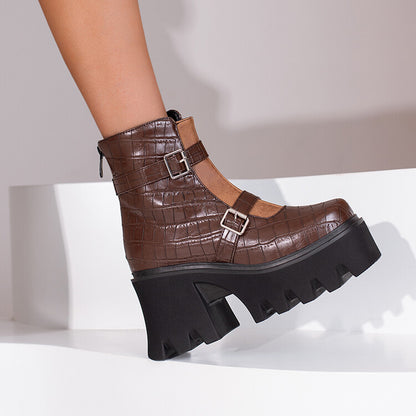 Women Embossed Leather Buckle Straps Block Heel Platform Short Boots