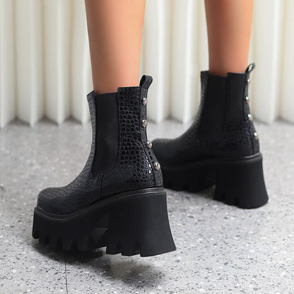 Women Snake Printed Elastic Band Block Heel Platform Short Boots