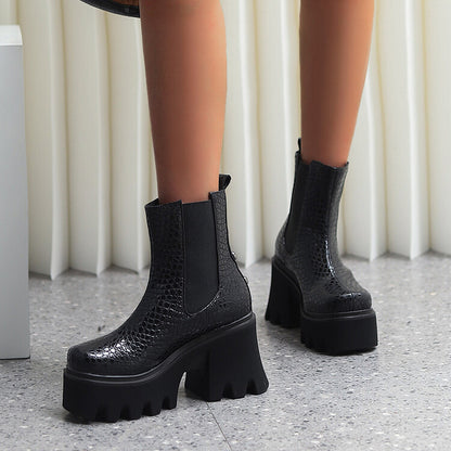 Women Snake Printed Elastic Band Block Heel Platform Short Boots