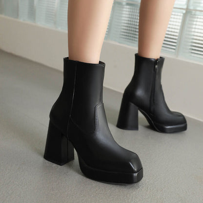 Women Square Toe Side Zippers Block Heel Platform Short Boots