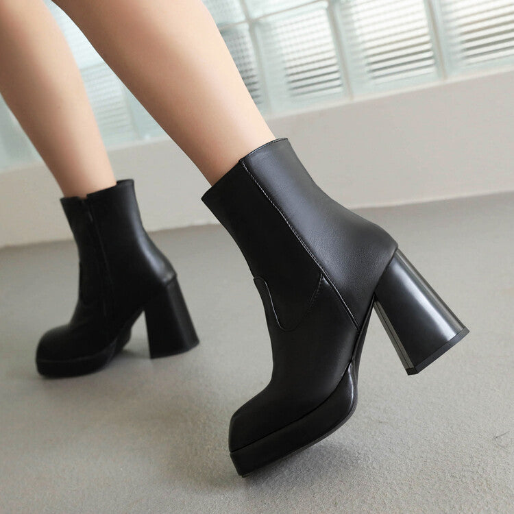 Women Square Toe Side Zippers Block Heel Platform Short Boots