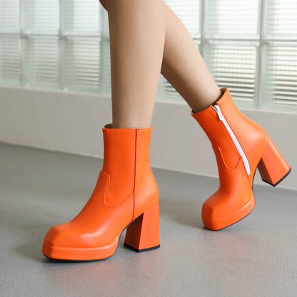 Women Square Toe Side Zippers Block Heel Platform Short Boots