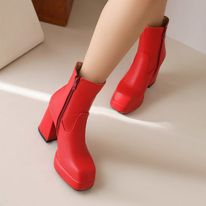 Women Square Toe Side Zippers Block Heel Platform Short Boots