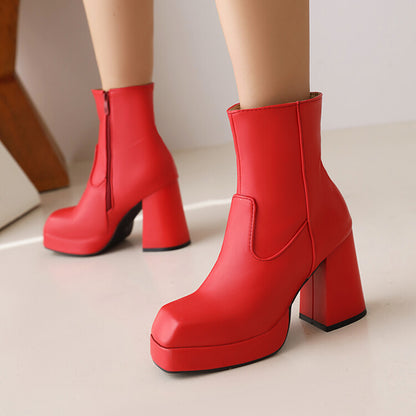 Women Square Toe Side Zippers Block Heel Platform Short Boots