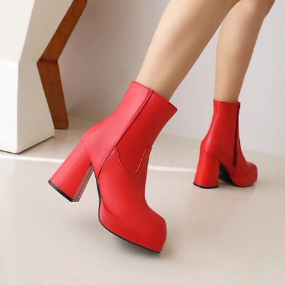 Women Square Toe Side Zippers Block Heel Platform Short Boots