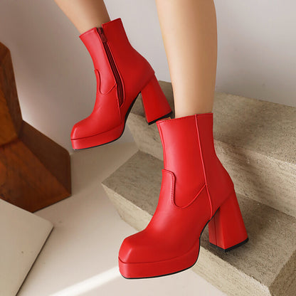 Women Square Toe Side Zippers Block Heel Platform Short Boots