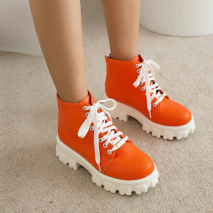 Women Lace Up Stitch Block Heel Platform Short Boots