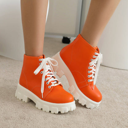 Women Lace Up Stitch Block Heel Platform Short Boots