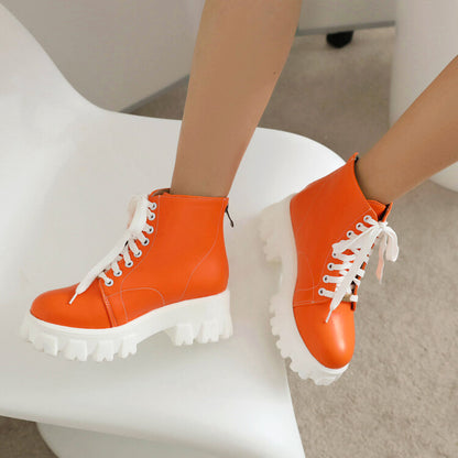 Women Lace Up Stitch Block Heel Platform Short Boots