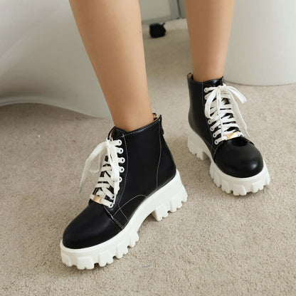 Women Lace Up Stitch Block Heel Platform Short Boots