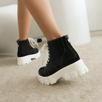 Women Lace Up Stitch Block Heel Platform Short Boots