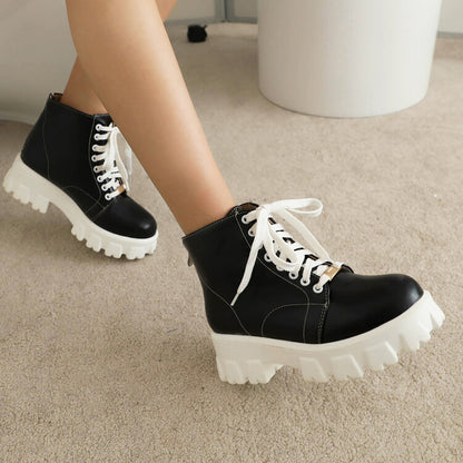 Women Lace Up Stitch Block Heel Platform Short Boots