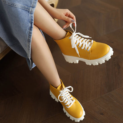 Women Lace Up Stitch Block Heel Platform Short Boots