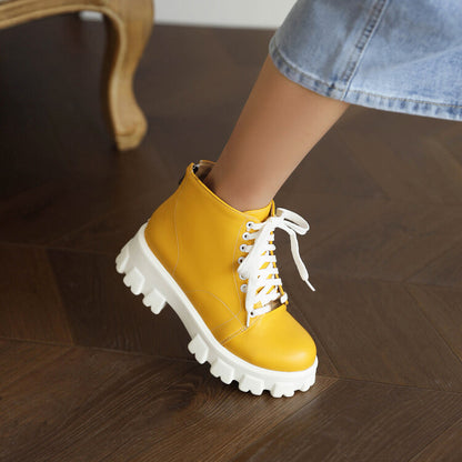 Women Lace Up Stitch Block Heel Platform Short Boots