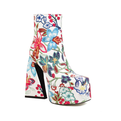 Women Pu Leather Square Toe Flora Printed Triangle Heel Platform Short Boots