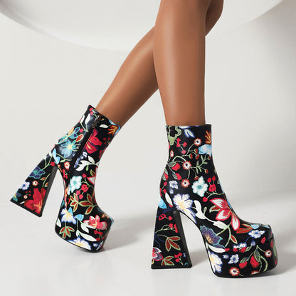 Women Pu Leather Square Toe Flora Printed Triangle Heel Platform Short Boots