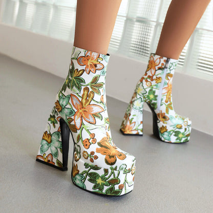 Women Pu Leather Square Toe Flora Printed Triangle Heel Platform Short Boots