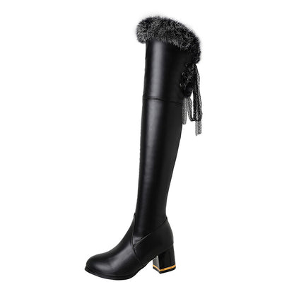 Lace Furry Thick Heel Over-The-Knee Boots for Women